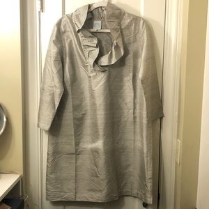 Gretchen Scott Silk Ruffle Neck Dress XL Grey striped